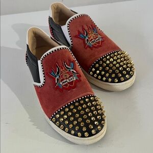 Christian Louboutin Red and Black Loafers with Gold Accents